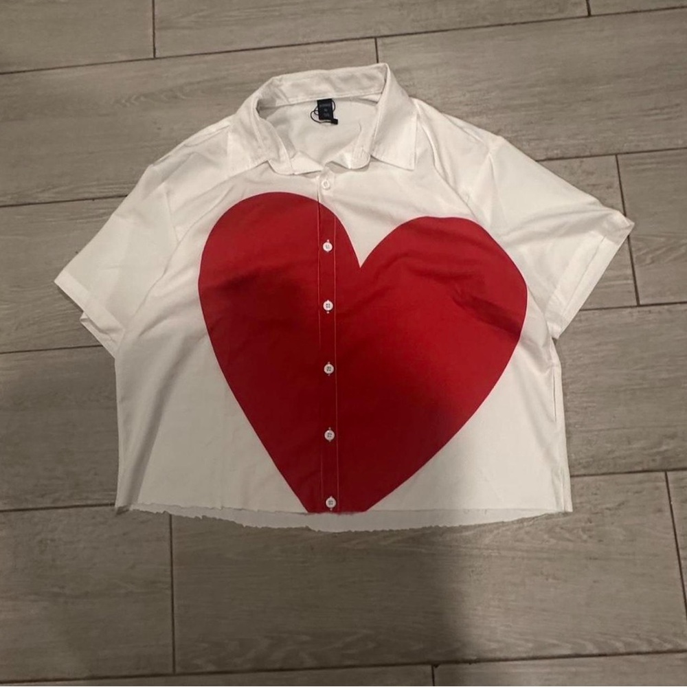 SHEIN White and Red Heart Dress Shirt